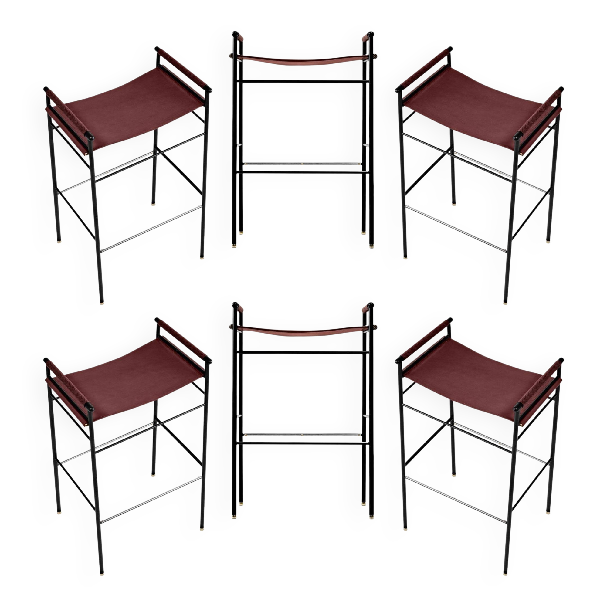 Jeu de 6 tabourets de bar Classic Contemporary en cuir cognac et métal de caoutchouc noir