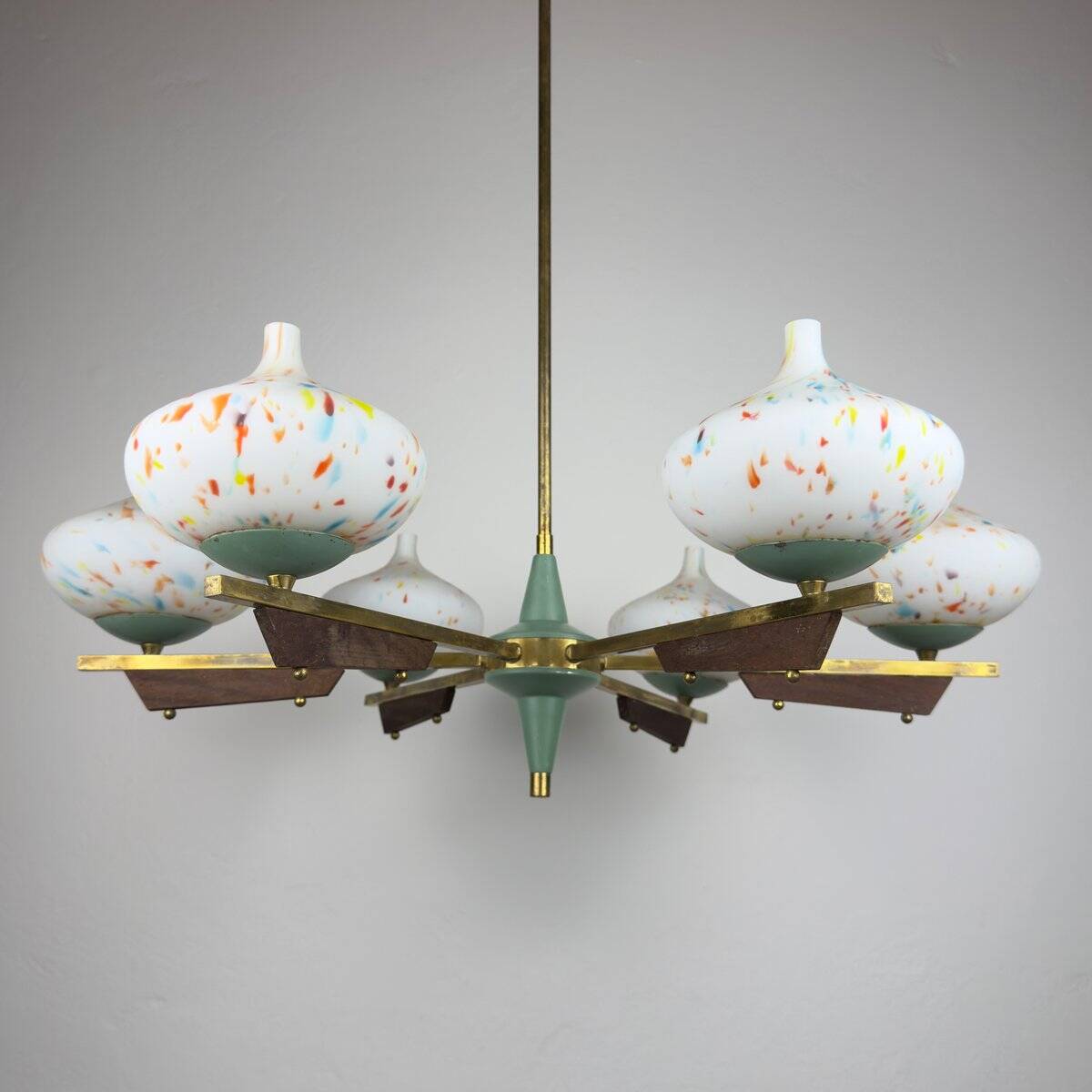 Mid-century chandelier with teak and Murano glass by Stilnovo, Italy, 1950s.