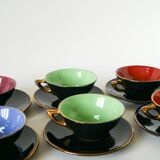 Set of 6 black and colored earthenware cups and saucers, 1950