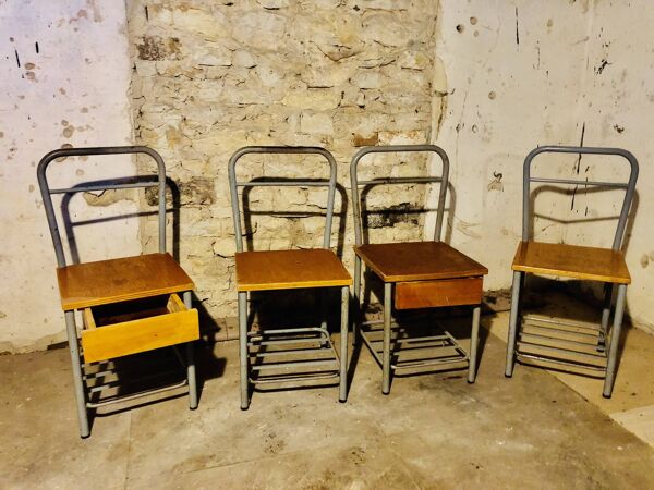 4 chaises design ''Diana n° 325'',chaises internat années 50 avec tiroirs