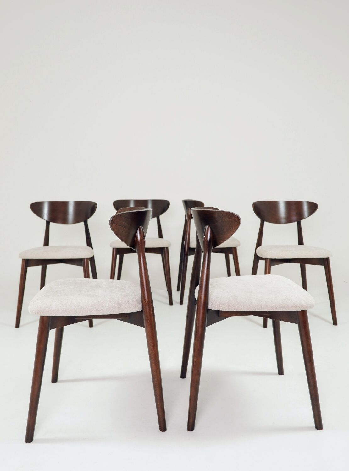 Modern Set of 6 Dining Chairs, Ecru Farbic and Dark walnut beech wood