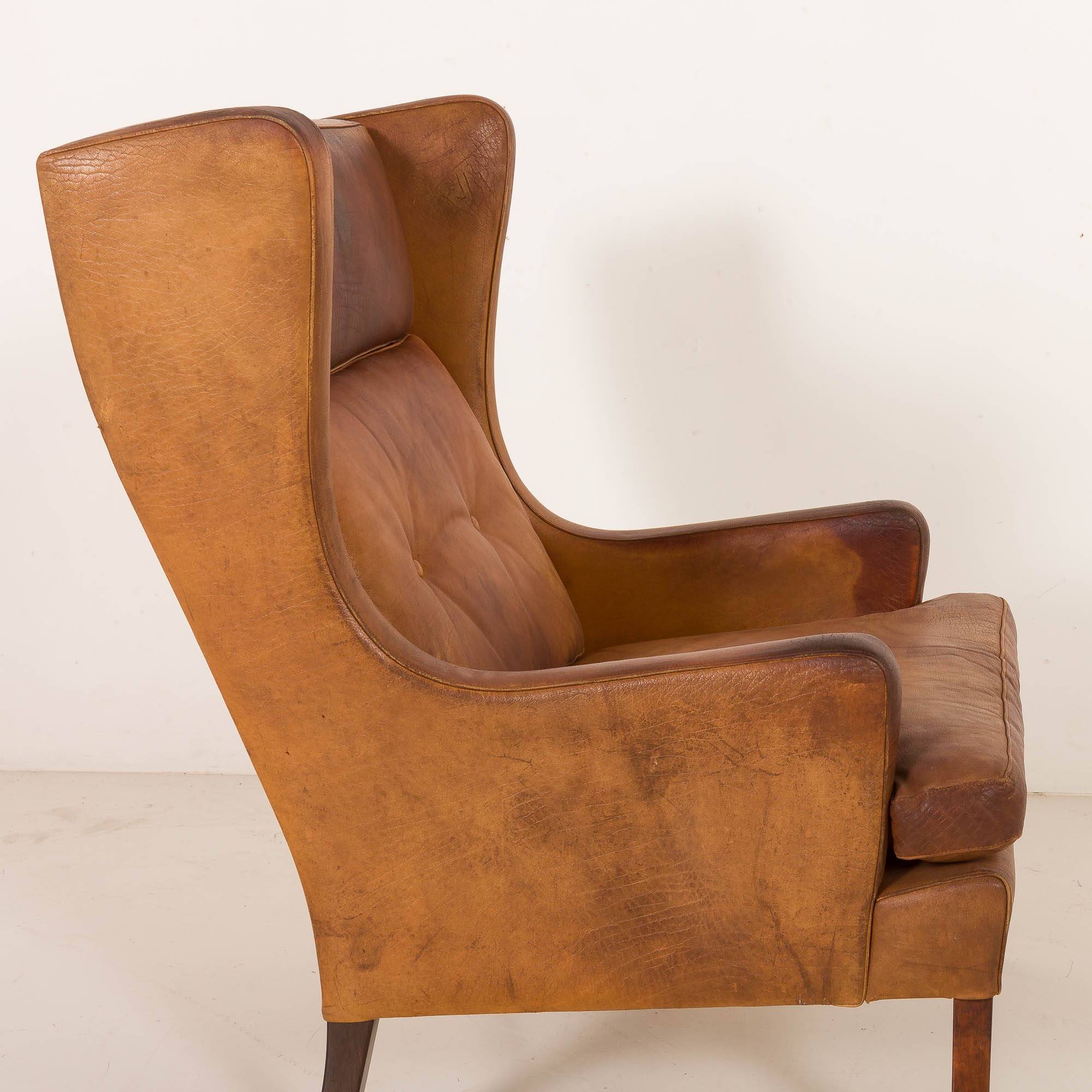 Fauteuil danois vintage en cuir de buffle, style Børge Mogensen, années 1960.