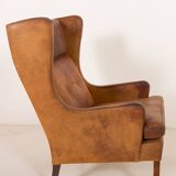Fauteuil danois vintage en cuir de buffle, style Børge Mogensen, années 1960.