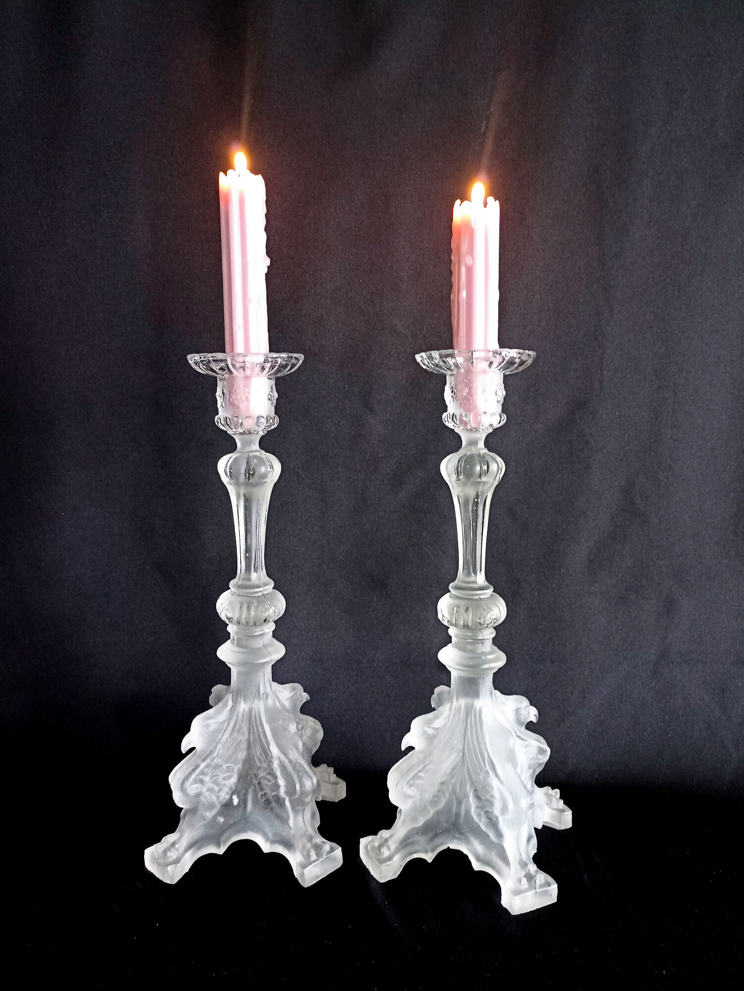 Pair of pressed molded glass candlesticks from Val St Lambert model Griffon