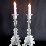 Pair of pressed molded glass candlesticks from Val St Lambert model Griffon