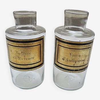 2 anciens pots apothicaire : suflure de mercure – verre d antimoine