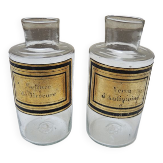 2 anciens pots apothicaire : suflure de mercure – verre d antimoine