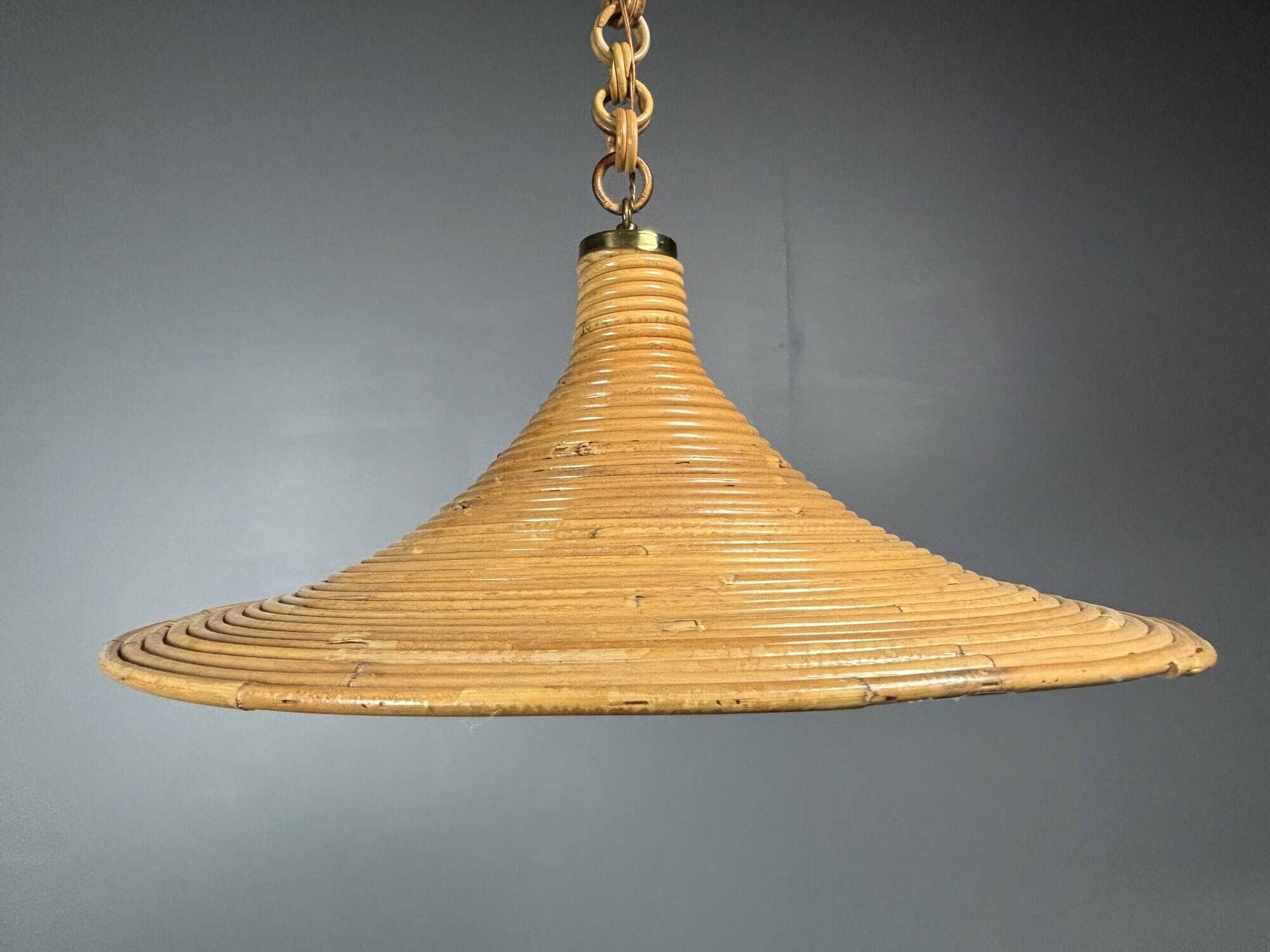 Mid-Century Italian witch hat pencil reed rattan bamboo and brass pendant