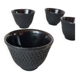 4 black cast iron teacups