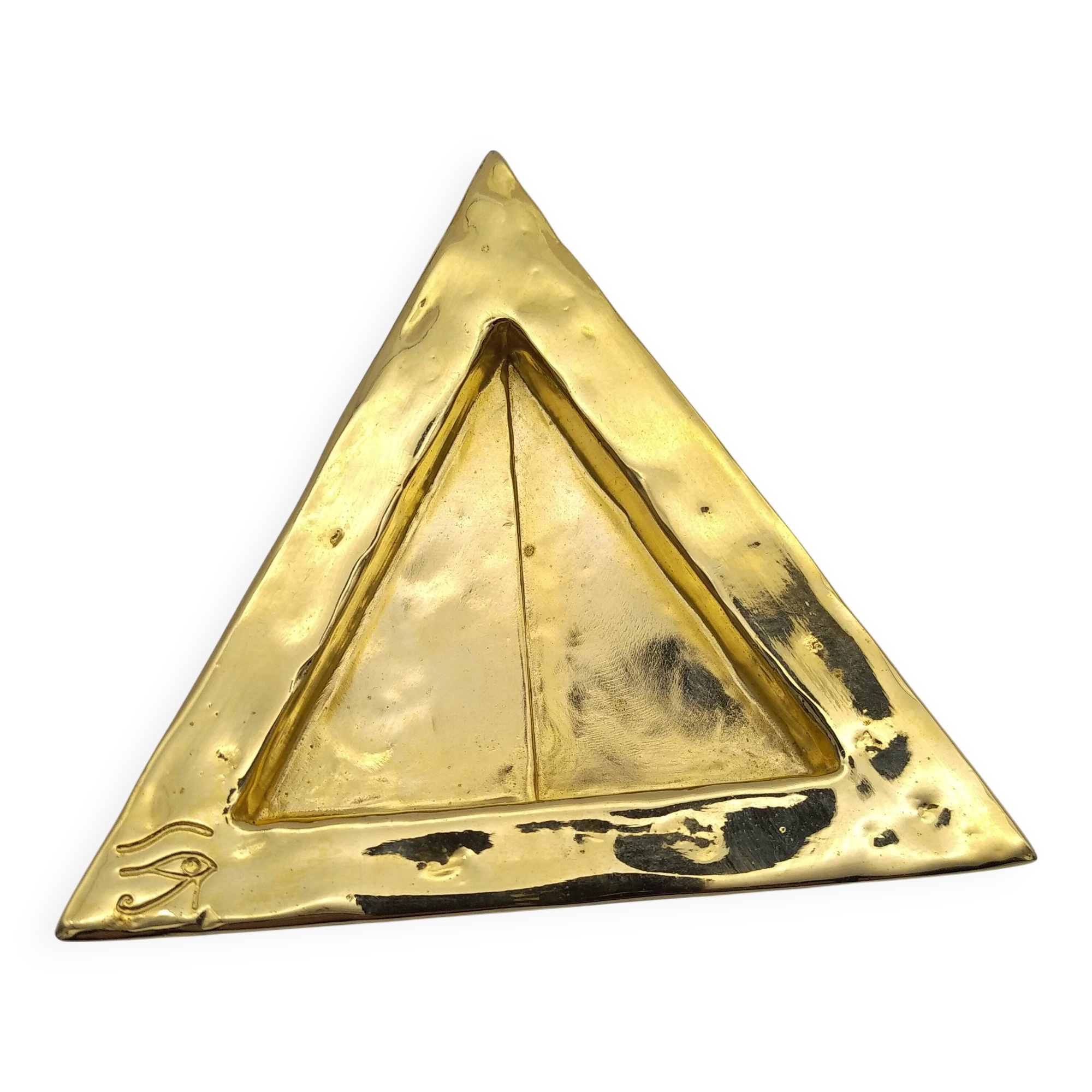 Cecile & jeanne: triangular gold-plated metal pocket tray with hieroglyph decoration.