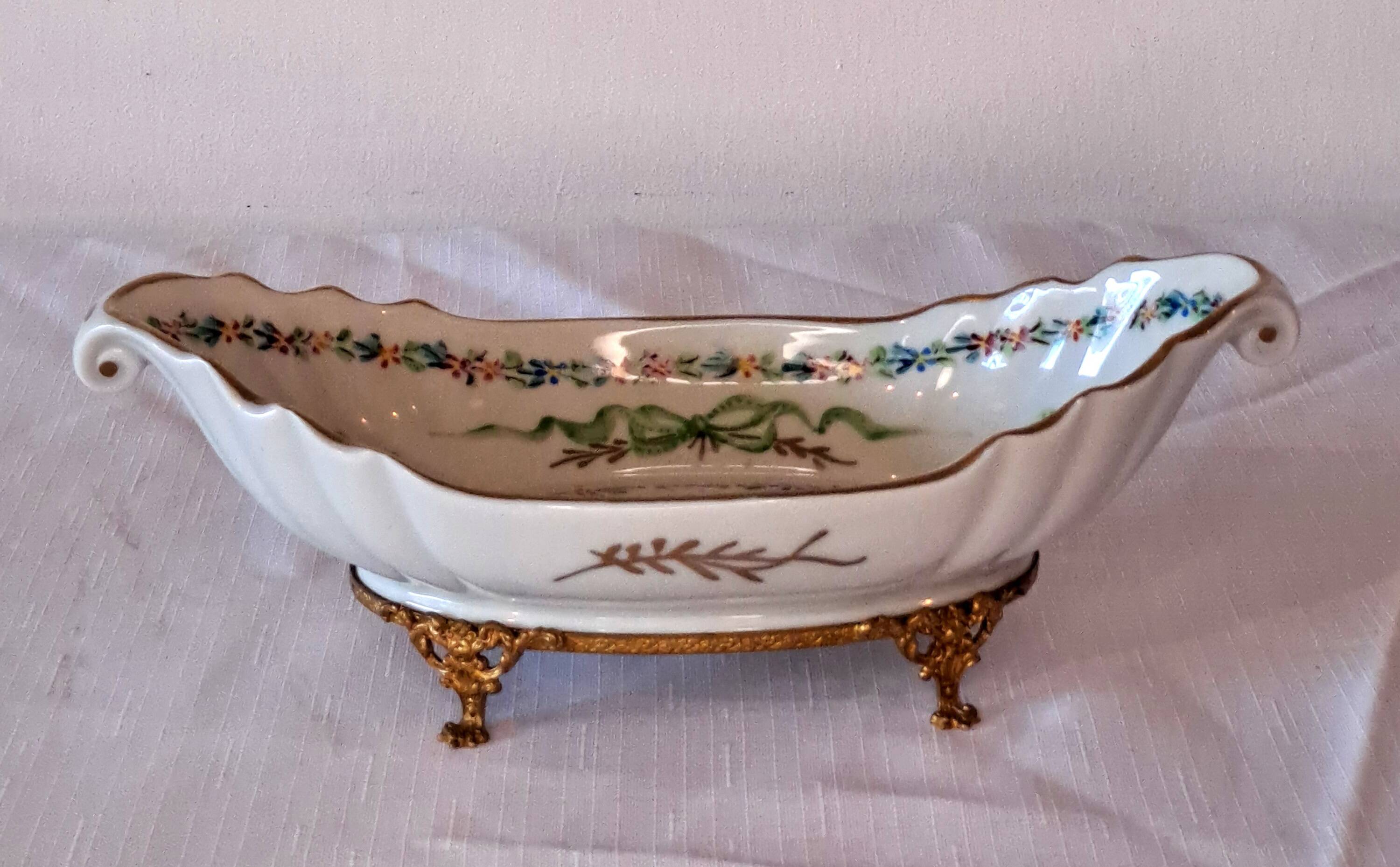 Antique Limoges bowl – painted porcelain & gilded bronze, Louis XV style