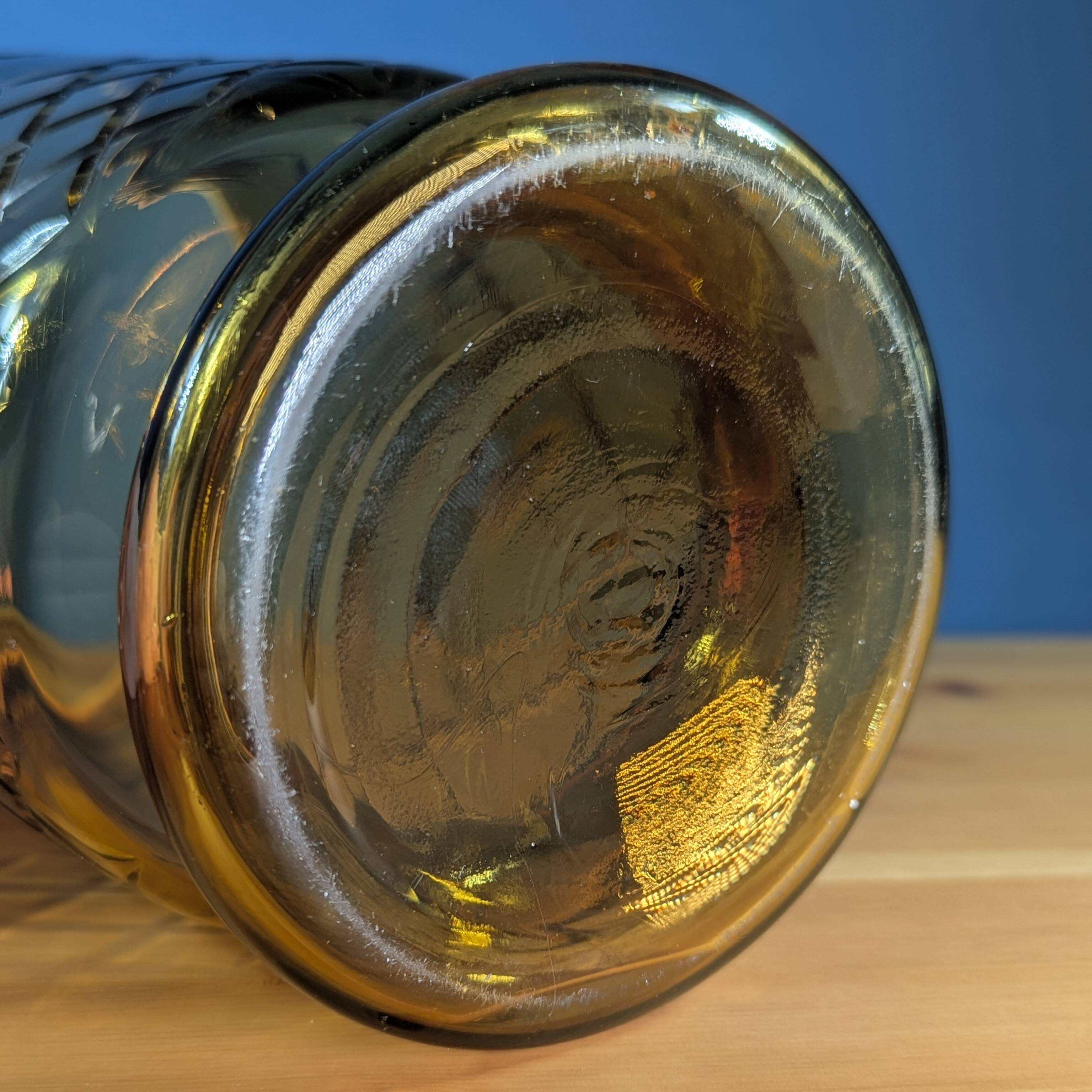 Brown smoked glass candle holder vase, height 23.5cm, geometric decoration
