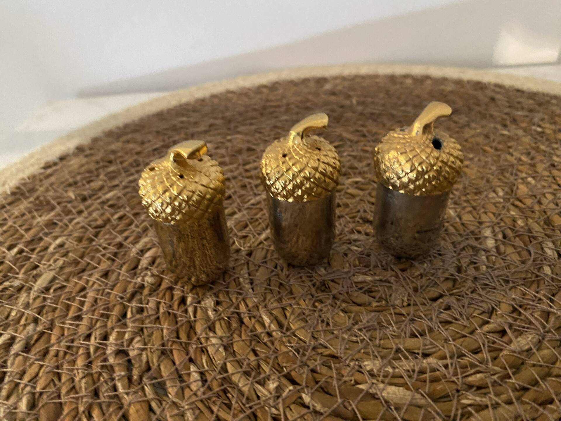 🌟 Vintage Trio of Acorn Salt and Pepper Shakers (Silver & Gold Metal)