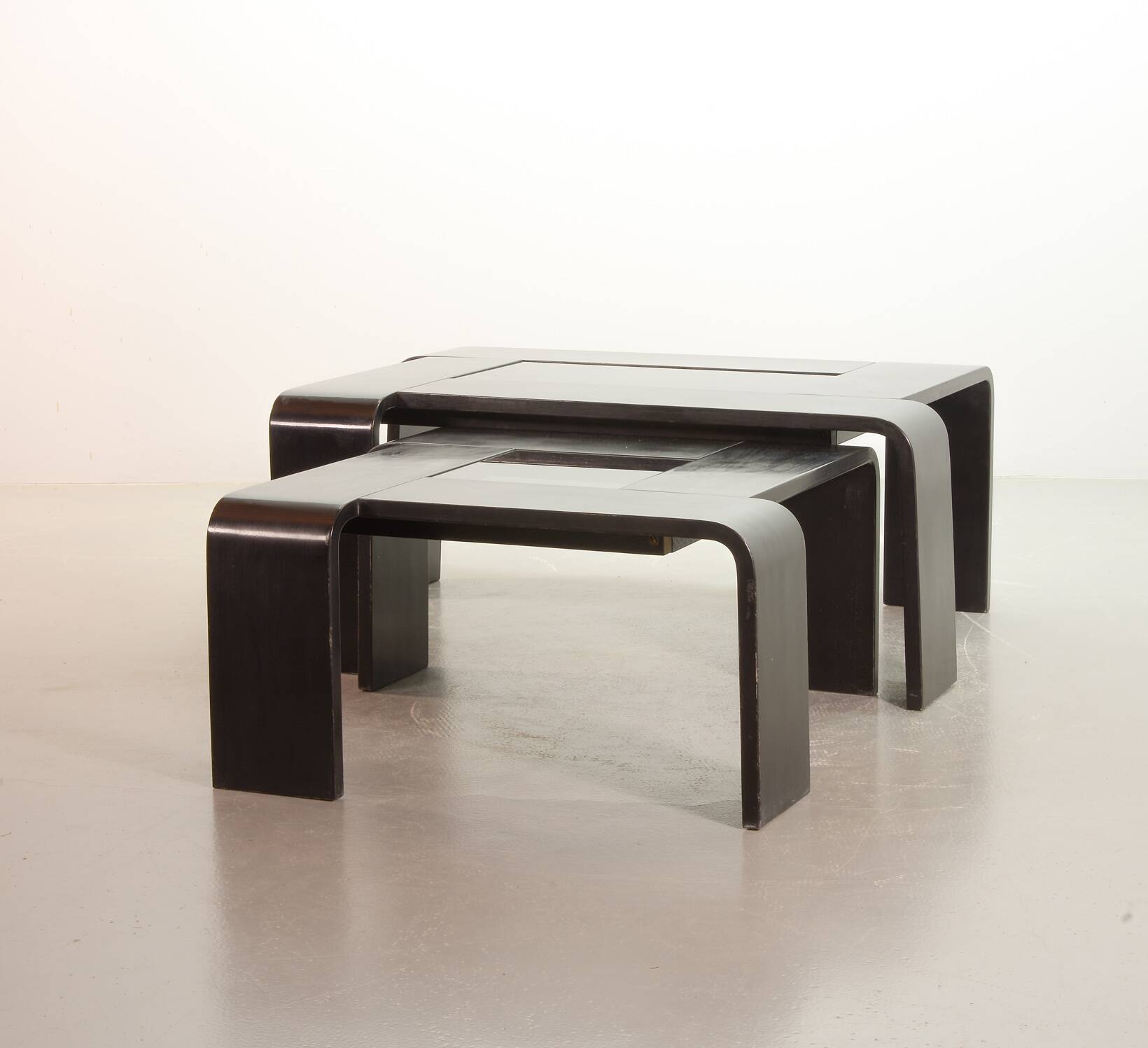 Square Black Lacquered Plywood Coffee Table with Smoked Glass Panel, 1970s