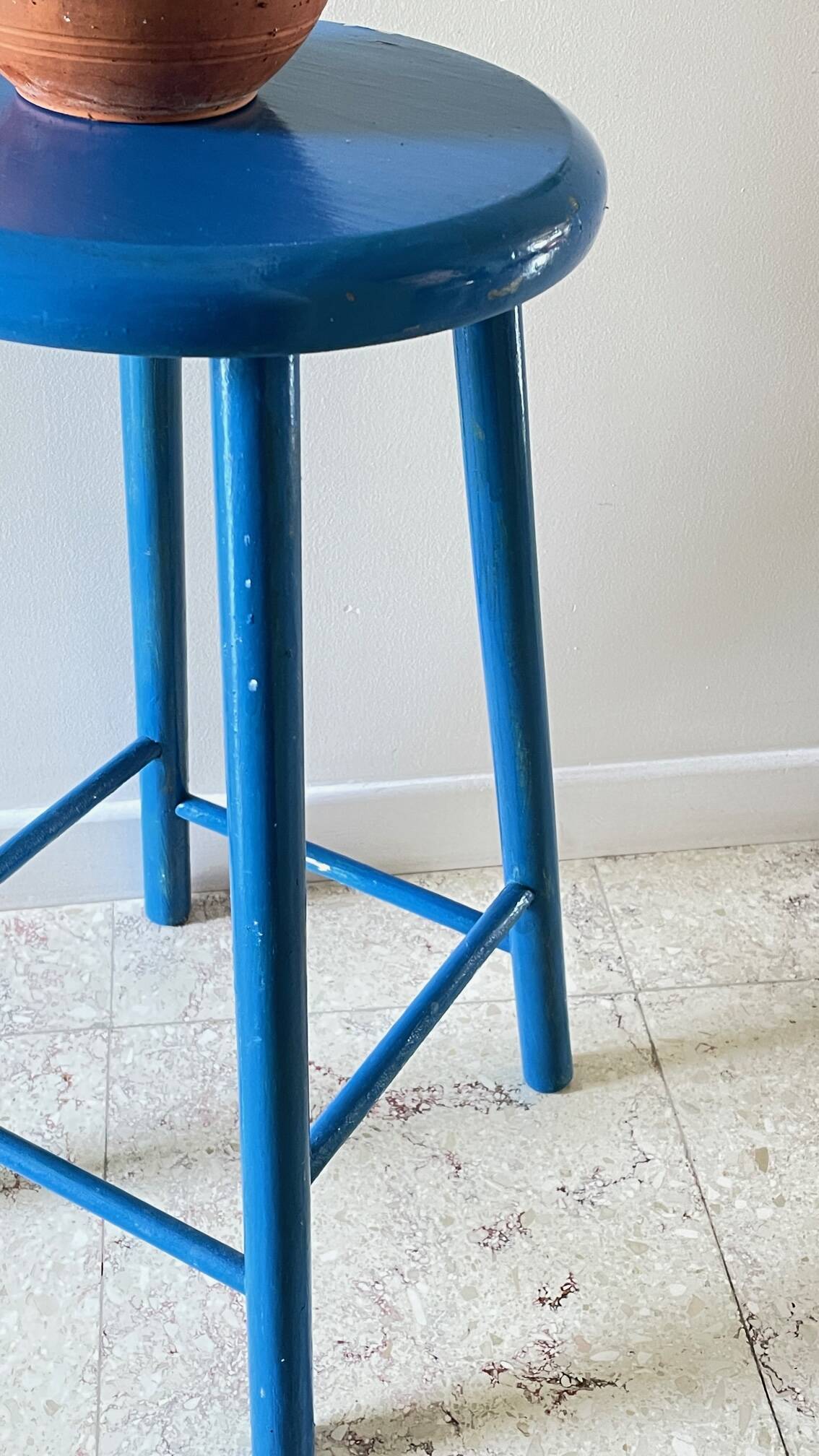 TABOURET Vintage Bois BLEU Electrique
