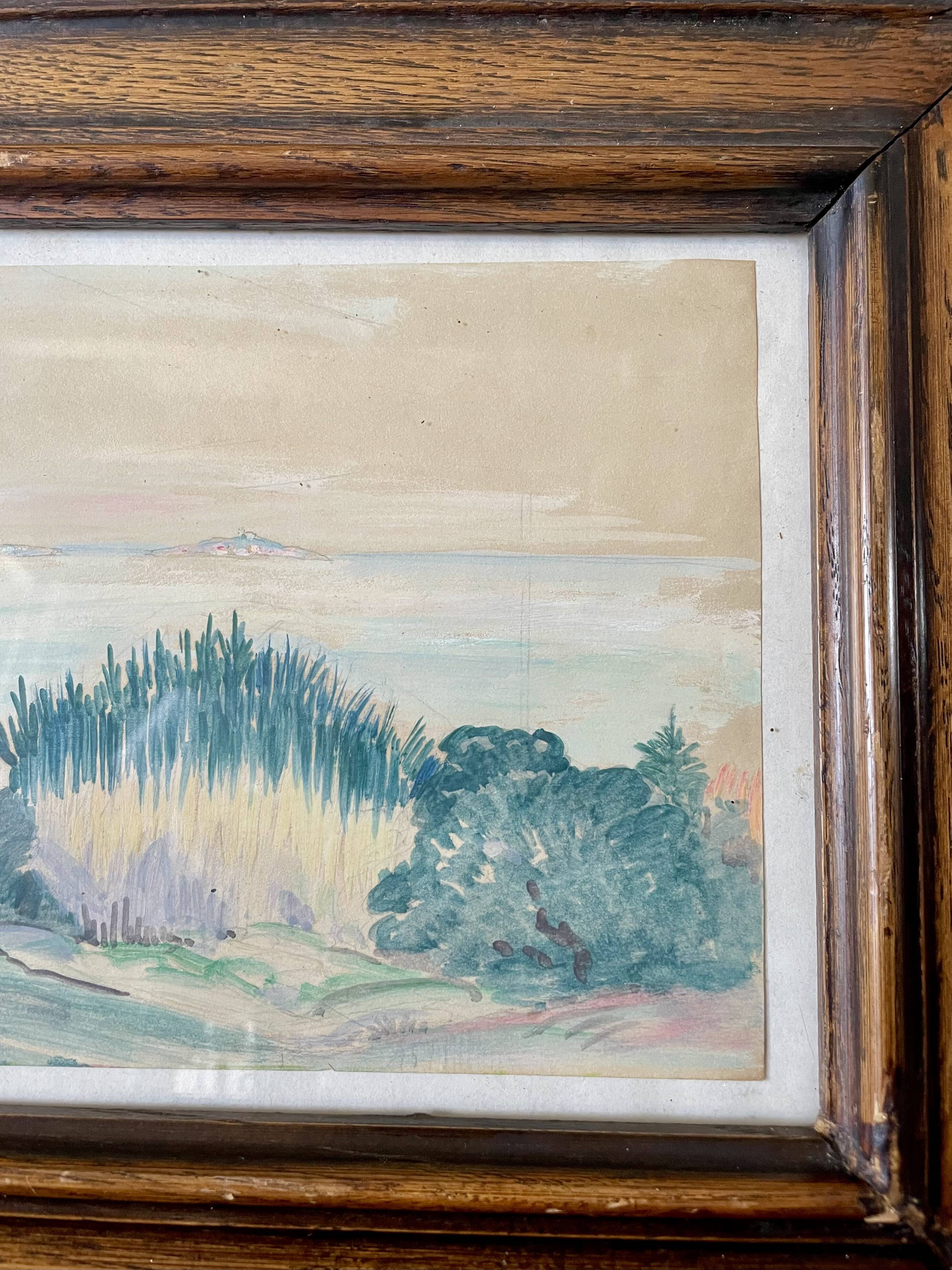 Paysage provençal aquarelle cadre en bois massif 1938