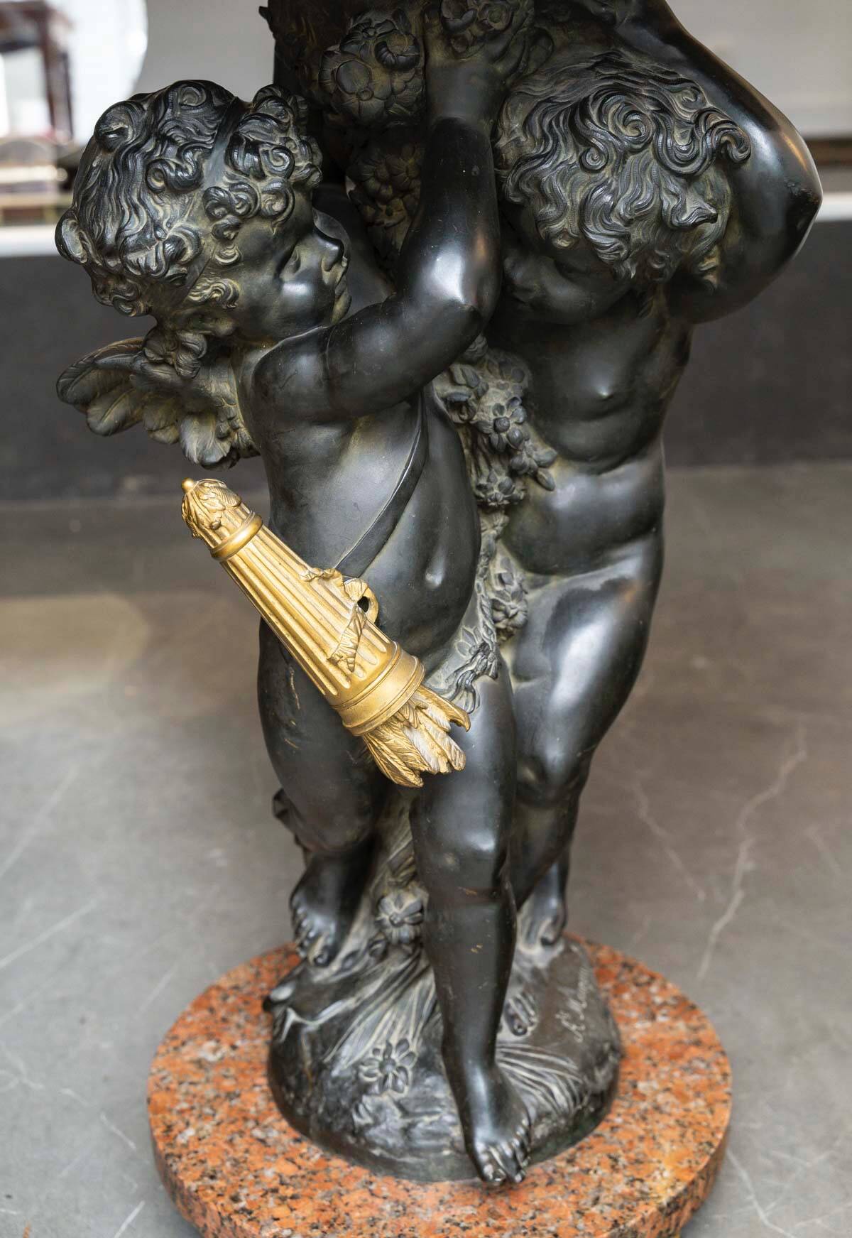 Guéridon en bronze et marbre, Psyché et Cupidon, Auguste Moreau (1834-1917)