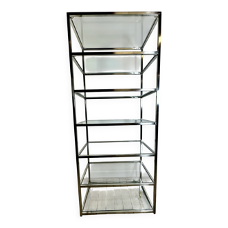 1980s stainless steel and glass bookcase shelf