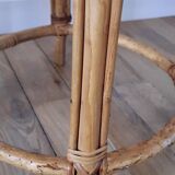 Pair of honey-colored rattan stools/plant holders in the 60s