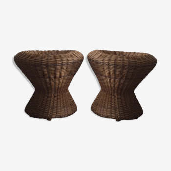 Lot de deux tabourets, poufs, fibres naturelles tressées