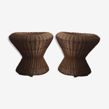 Set of two stools, poufs, braided natural fibers