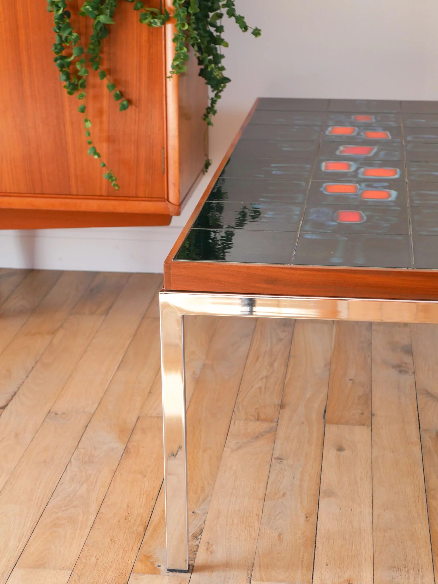 Table basse en céramique, teck & chrome, design, 1970