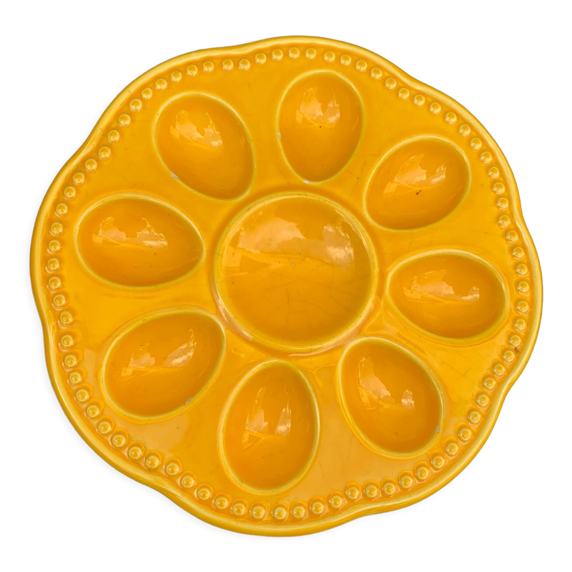 Flat plate, for 8 eggs in glazed ceramic slurry vintage yellow slip