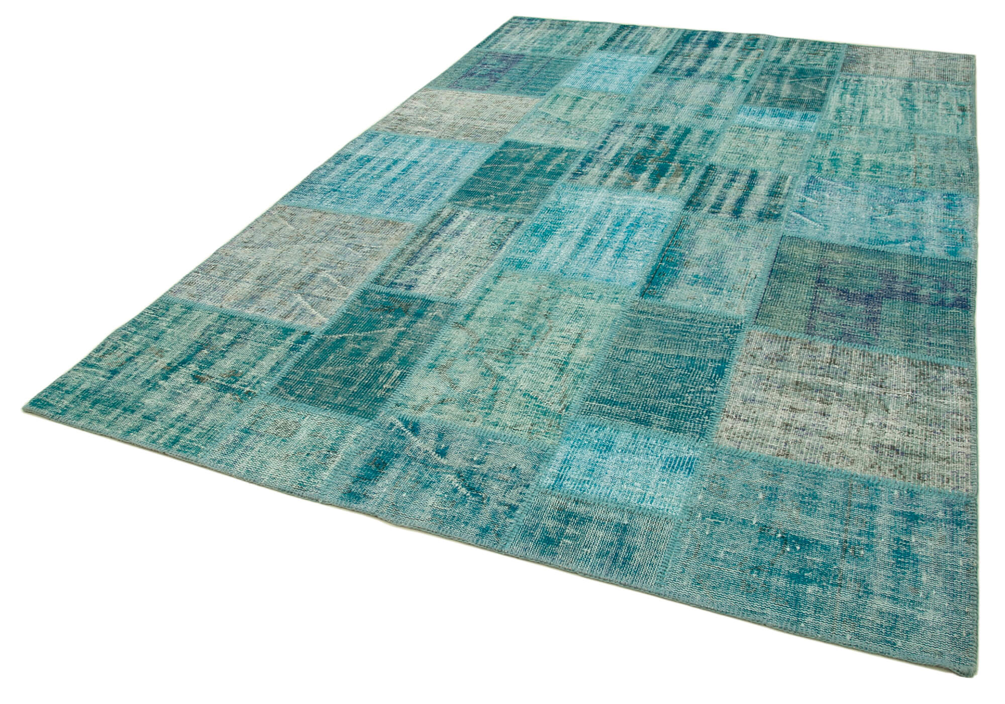 Handmade turkish overdyed 204 cm x 303 cm turquoise patchwork carpet