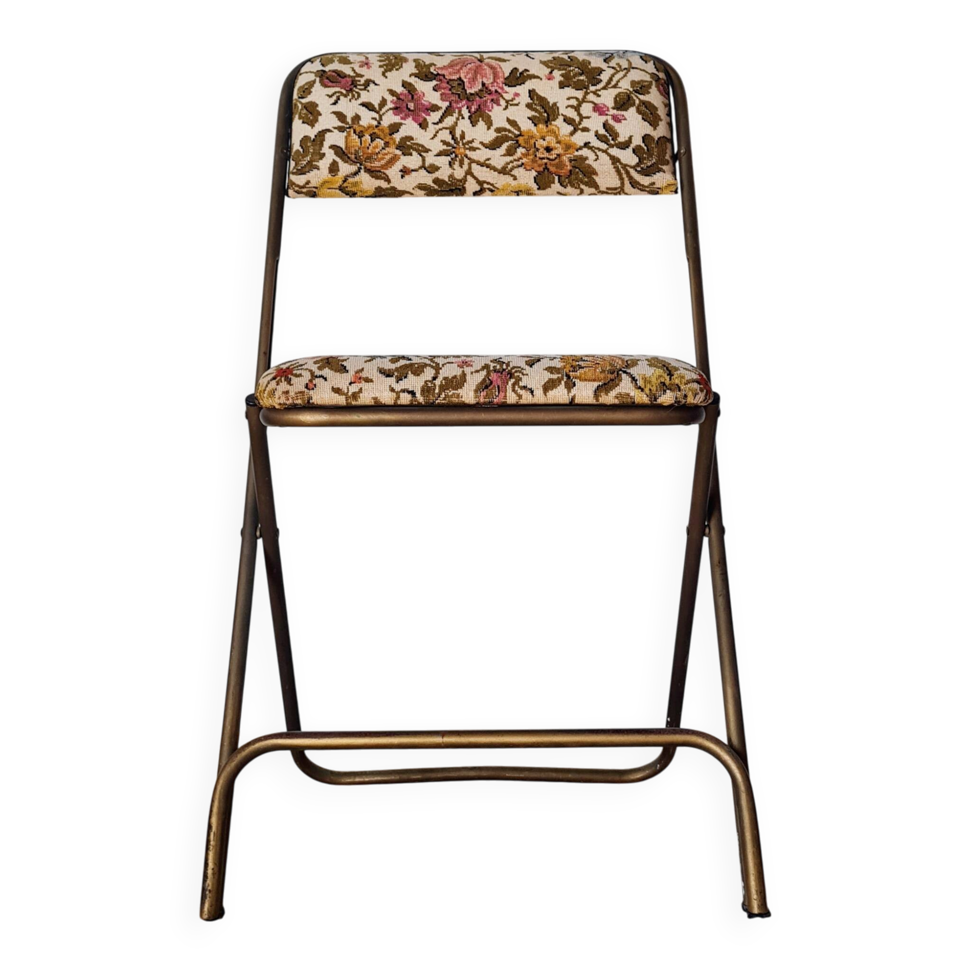 Chaise pliante vintage Lafuma modèle "Chantazur" à motif fleuri