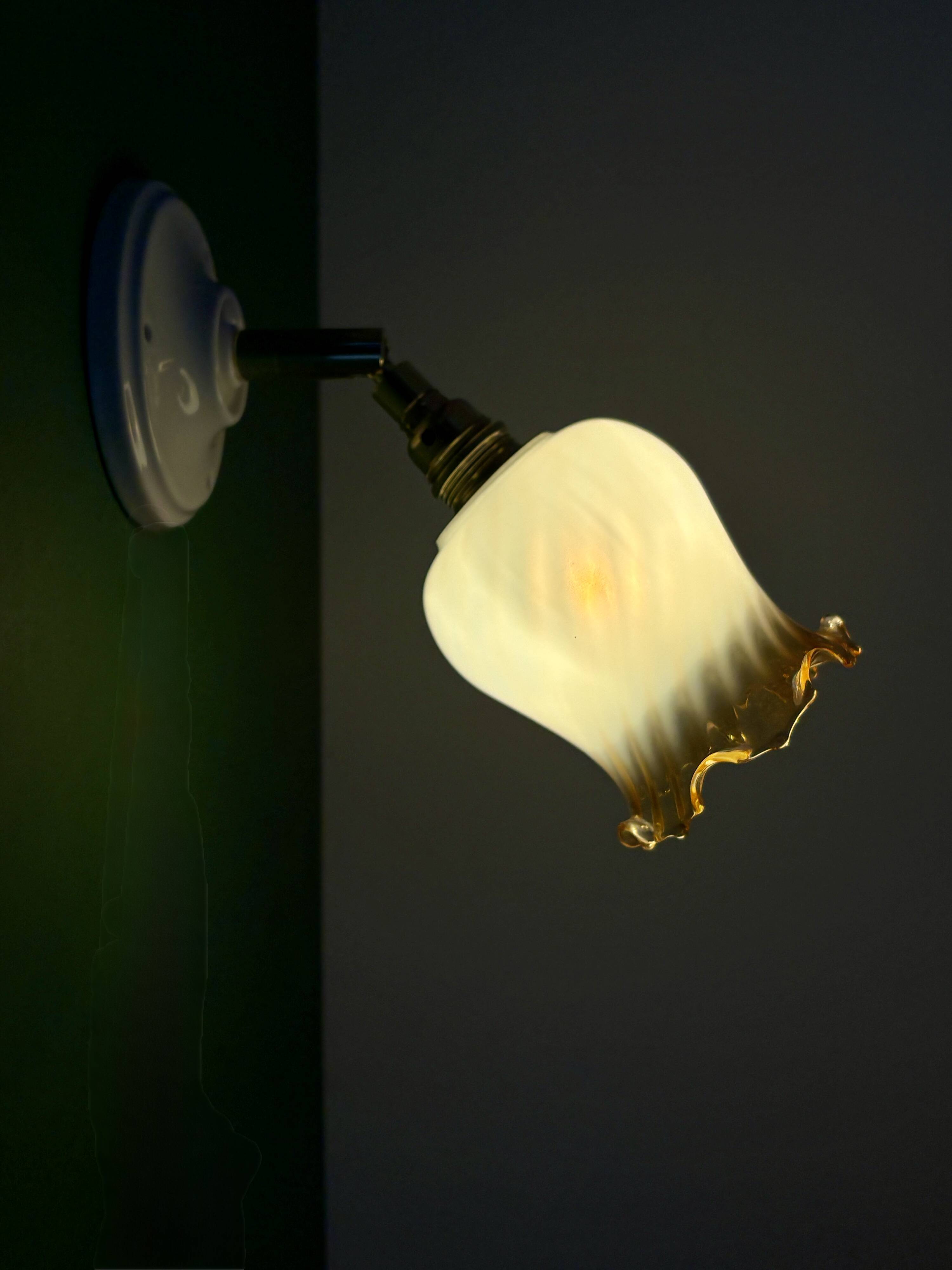 Vintage tulip wall light in white and amber glass