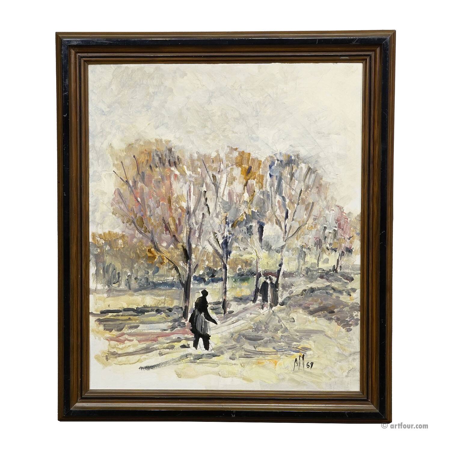 Oil painting by Alexander Michael of an autumn walk in a park, 1969.