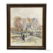 Oil painting by Alexander Michael of an autumn walk in a park, 1969.