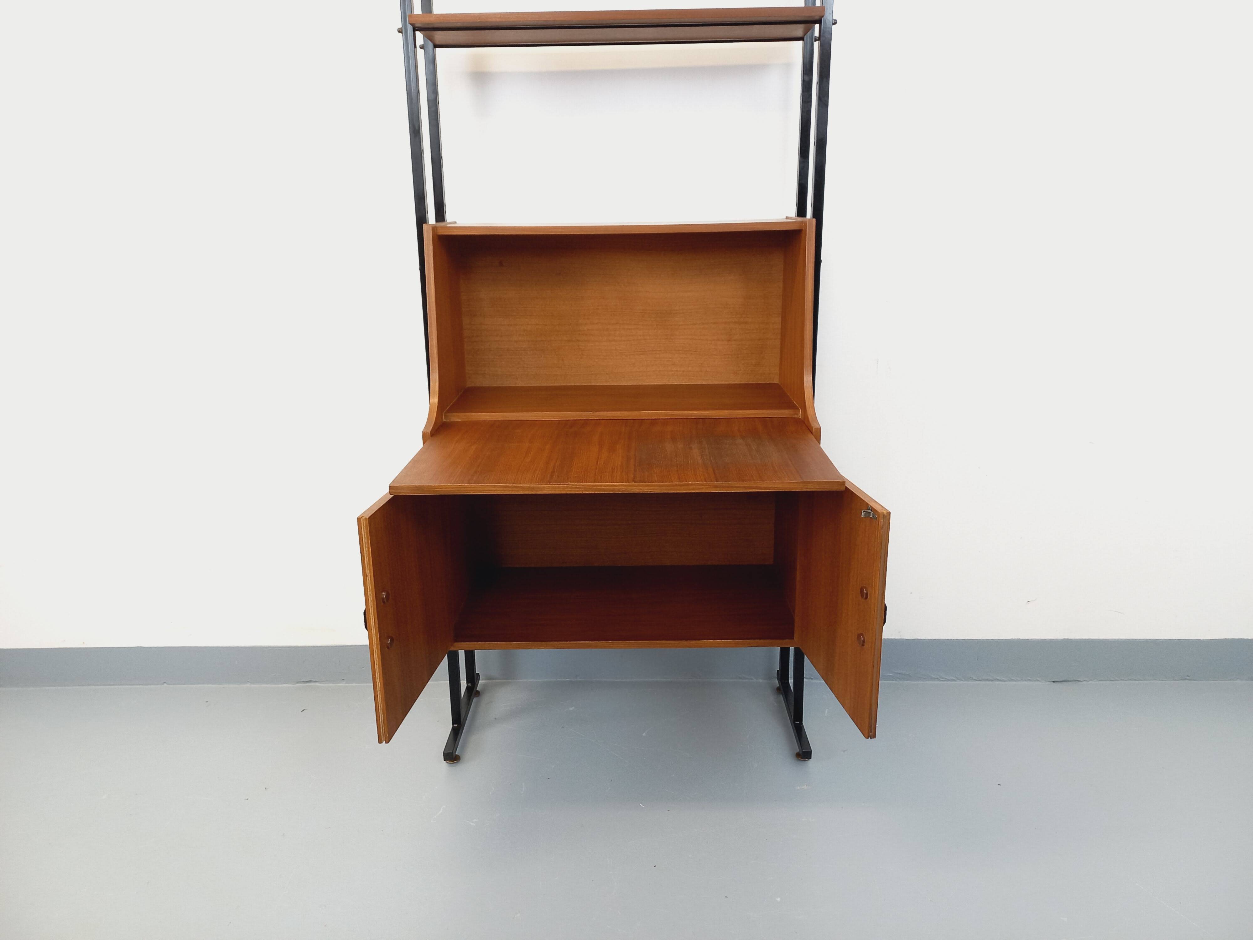 Vintage modular secretary bookshelf in teak and metal.