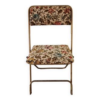 Chaise vintage  pliante Lafuma métal et tissu motif fleuri