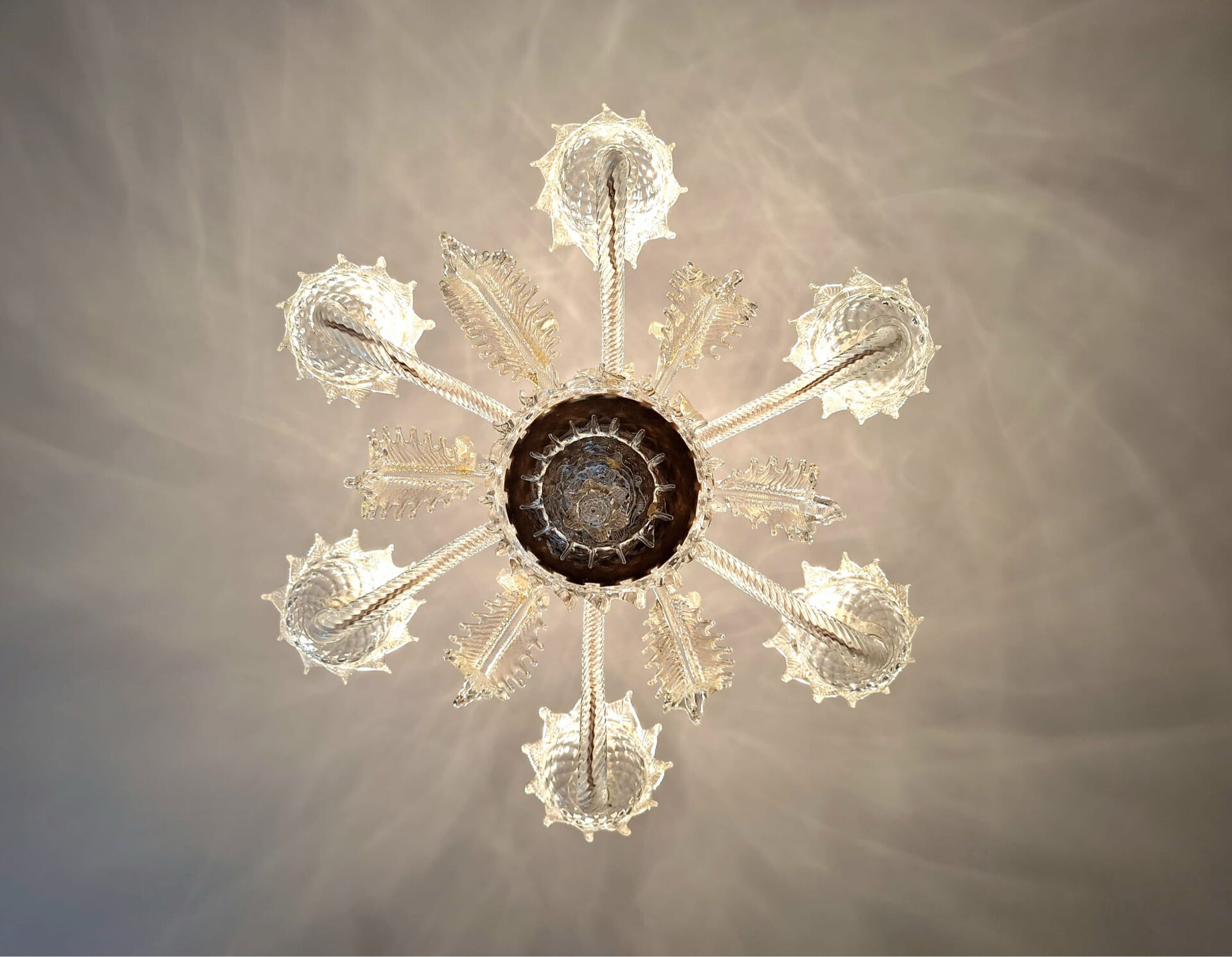 Large Murano glass chandelier with gold leaves, vintage light fixture.