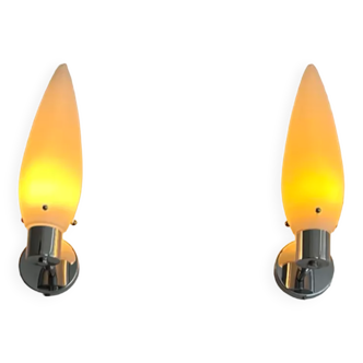 Pair of vintage Brossier Saderne wall lamps, chromed metal and opaline, France 1970