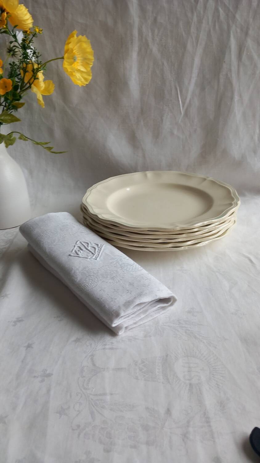 🌿 6 antique Sarreguemines ivory fretwork plates