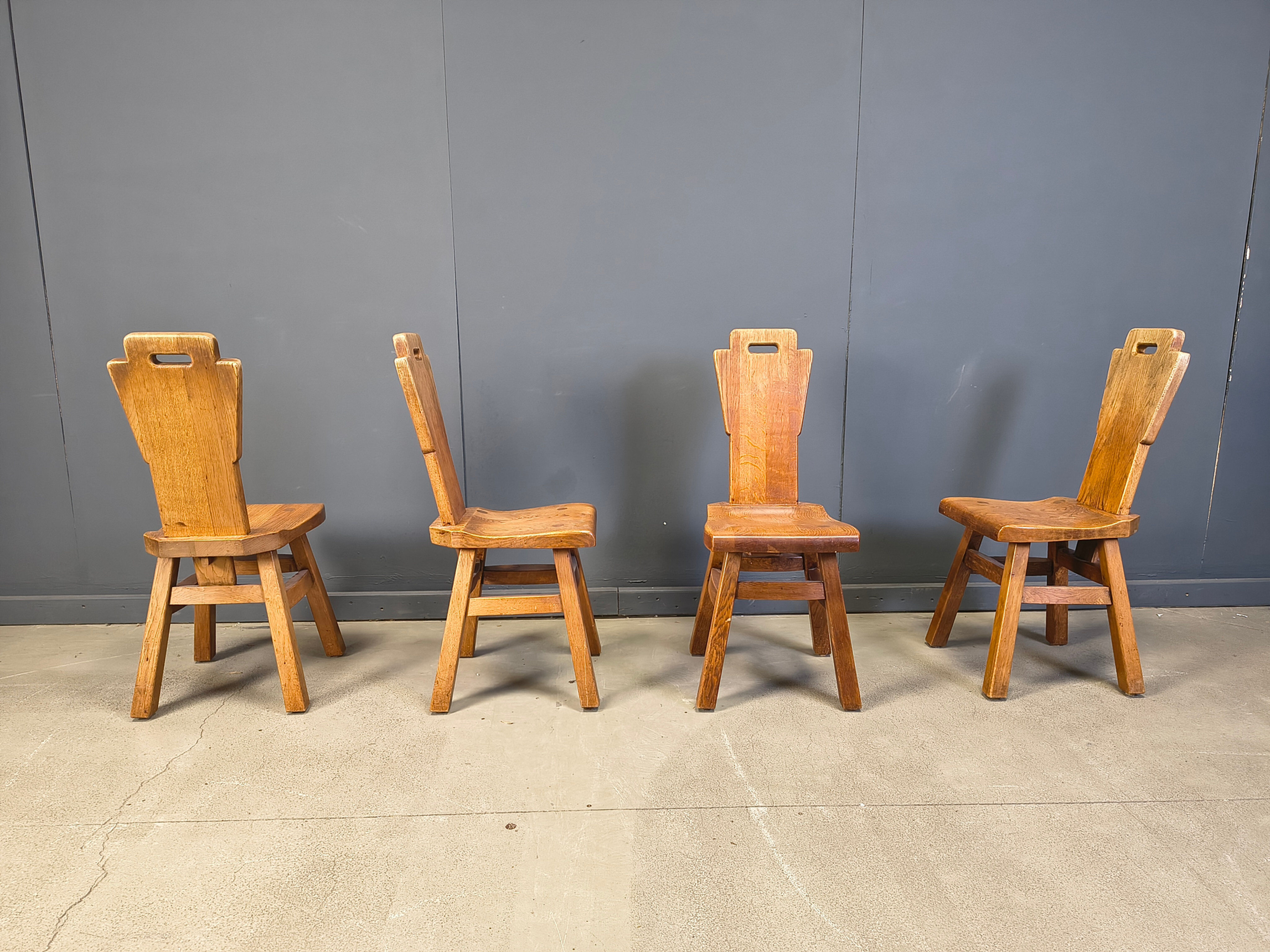 Vintage oak brutalist chairs, 1970s set of 4