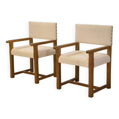 Paire de fauteuils brutalistes en chêne et bouclettes écrues 1950’s