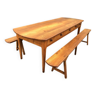 Old solid elm farm table with 3 front drawers and 2 solid elm benches.