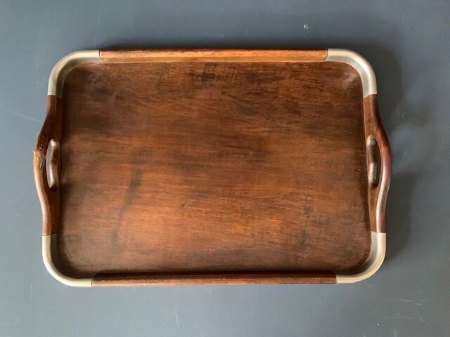 Old tray in wood and brass