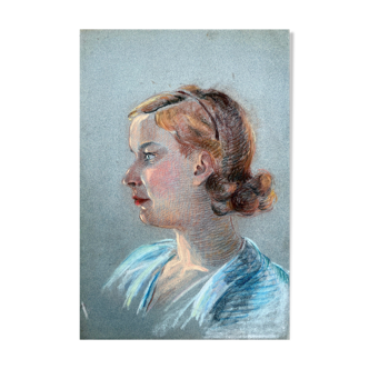 Tableau Pastel "femme au cemisier bleu" vers 1950