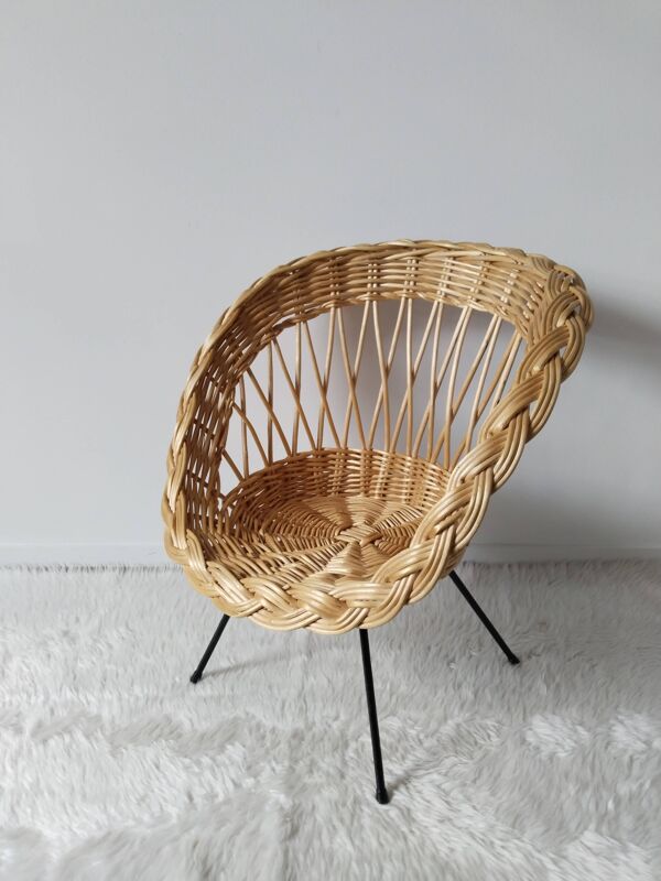 Fauteuil corbeille enfant en rotin, pieds compas métal
