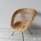 Children's rattan basket armchair, metal compass legs