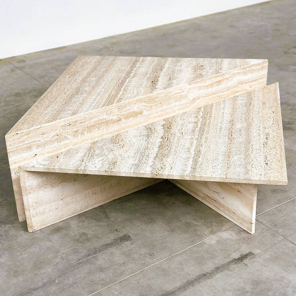 Up & Up large Italian Brutalist travertine coffee table, two-piece geometric mod
