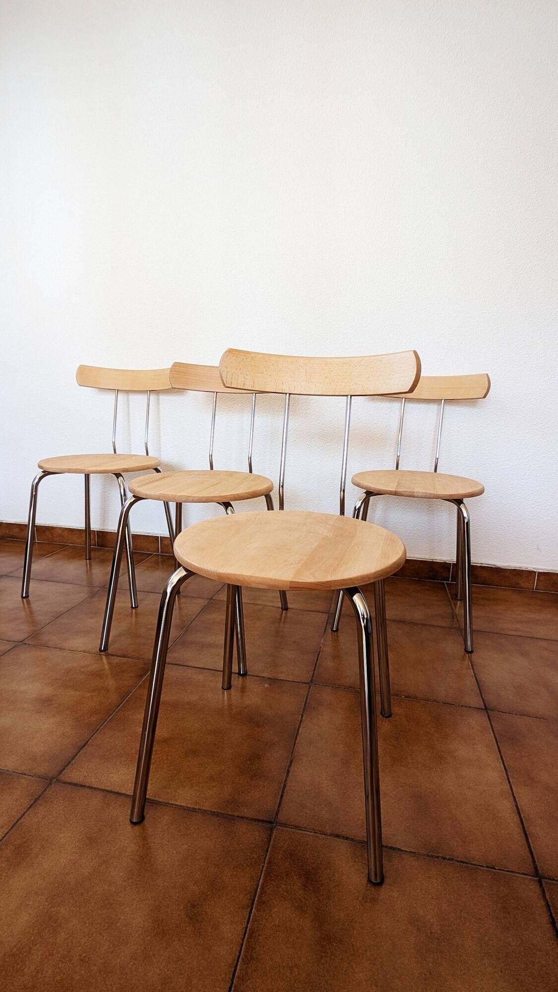 Set of 4 vintage/restored 70s/80s wooden and chrome bistro chairs.