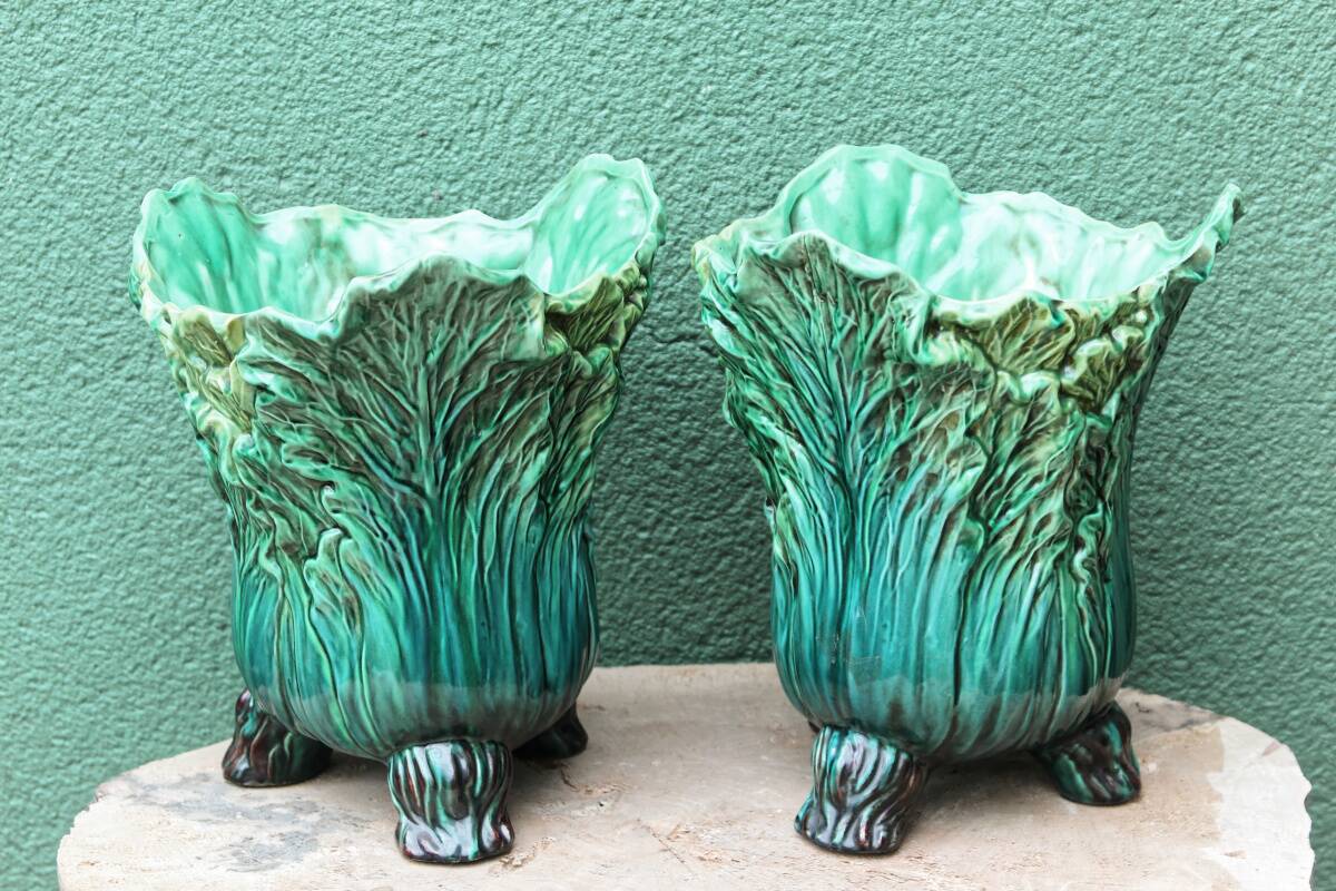 Pair of slip pot covers, cabbage leaves