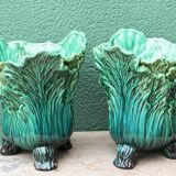 Pair of slip pot covers, cabbage leaves