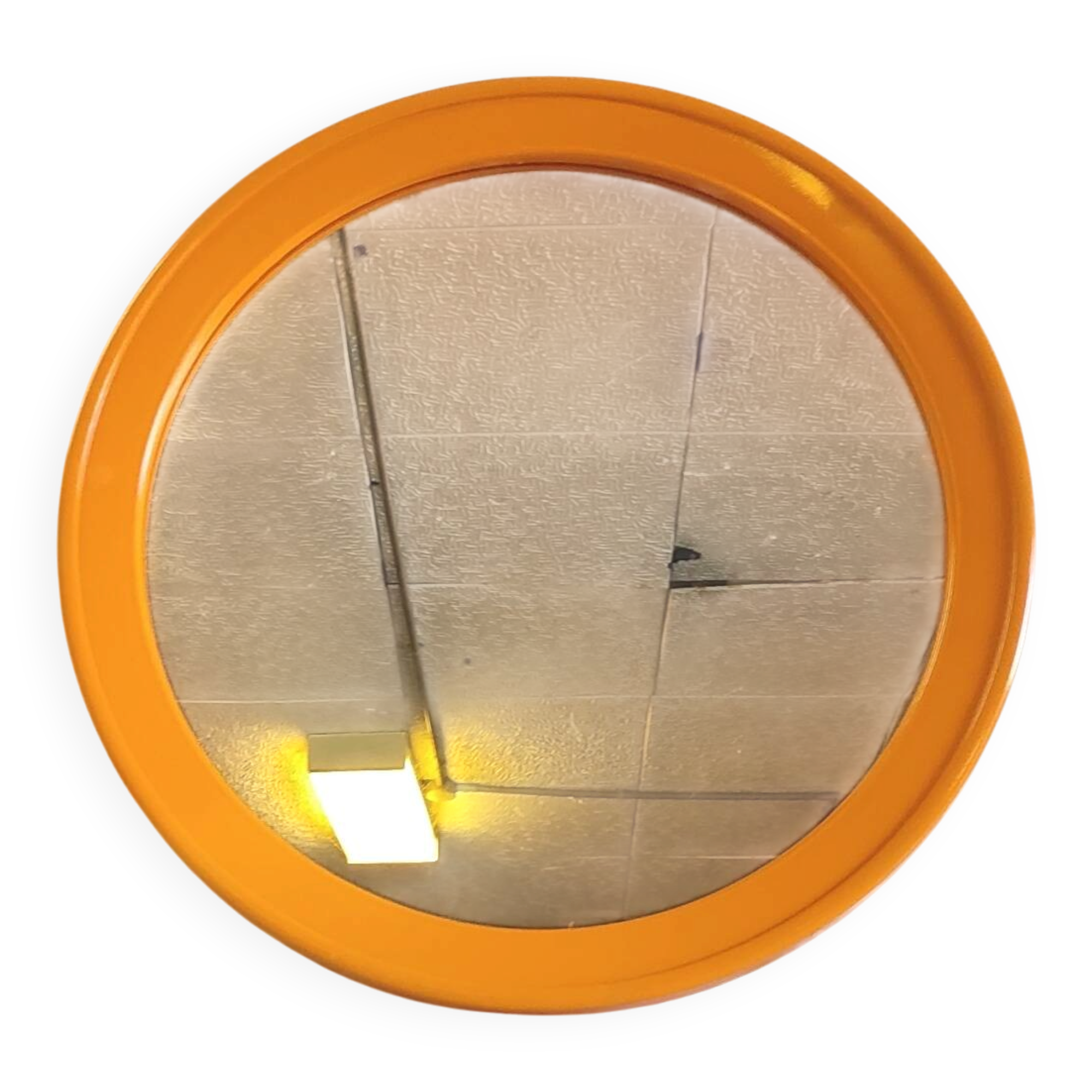 Round orange plastic mirror - 1970s