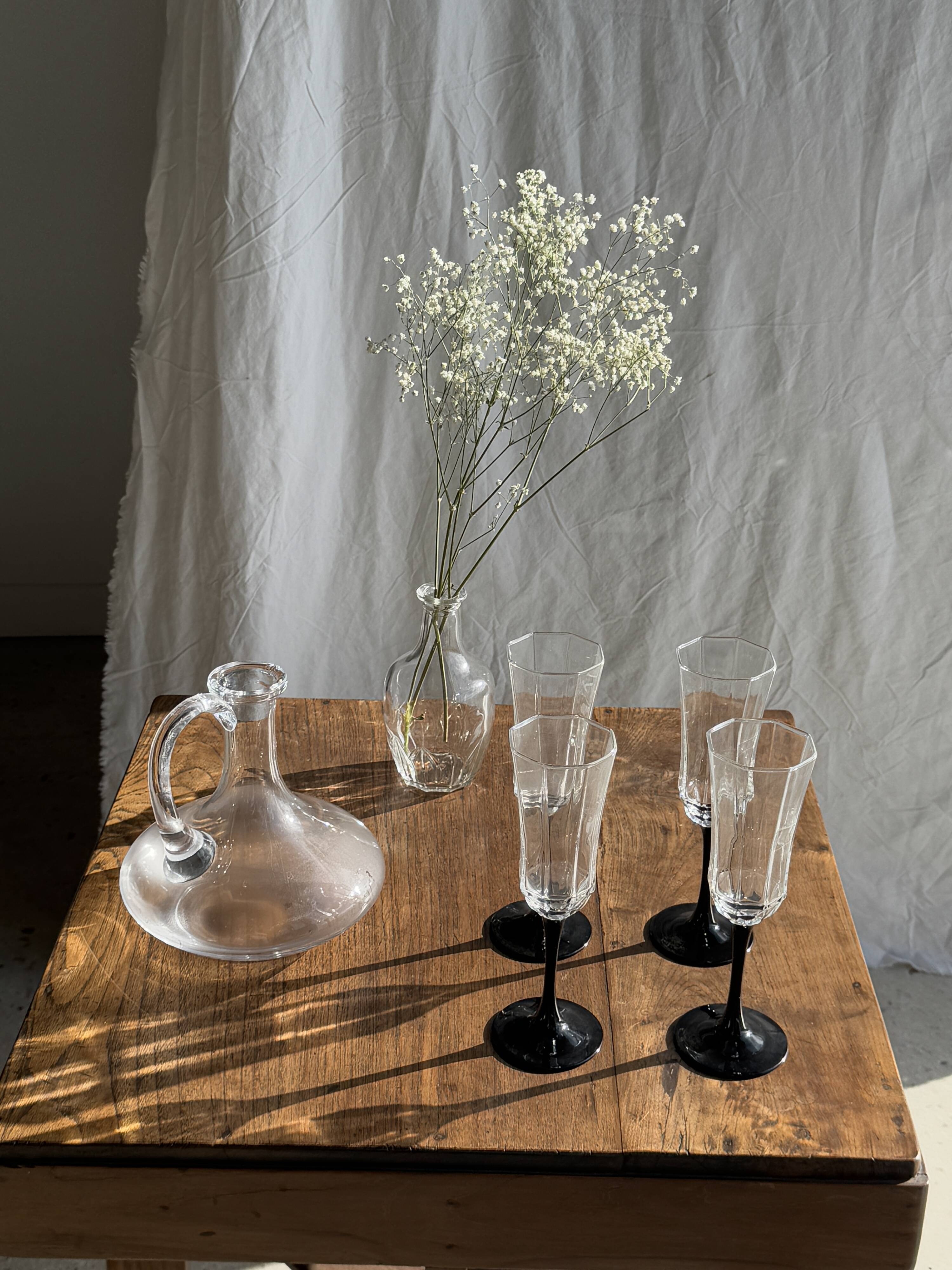 Vintage glass carafe with flattened flared belly handle H18